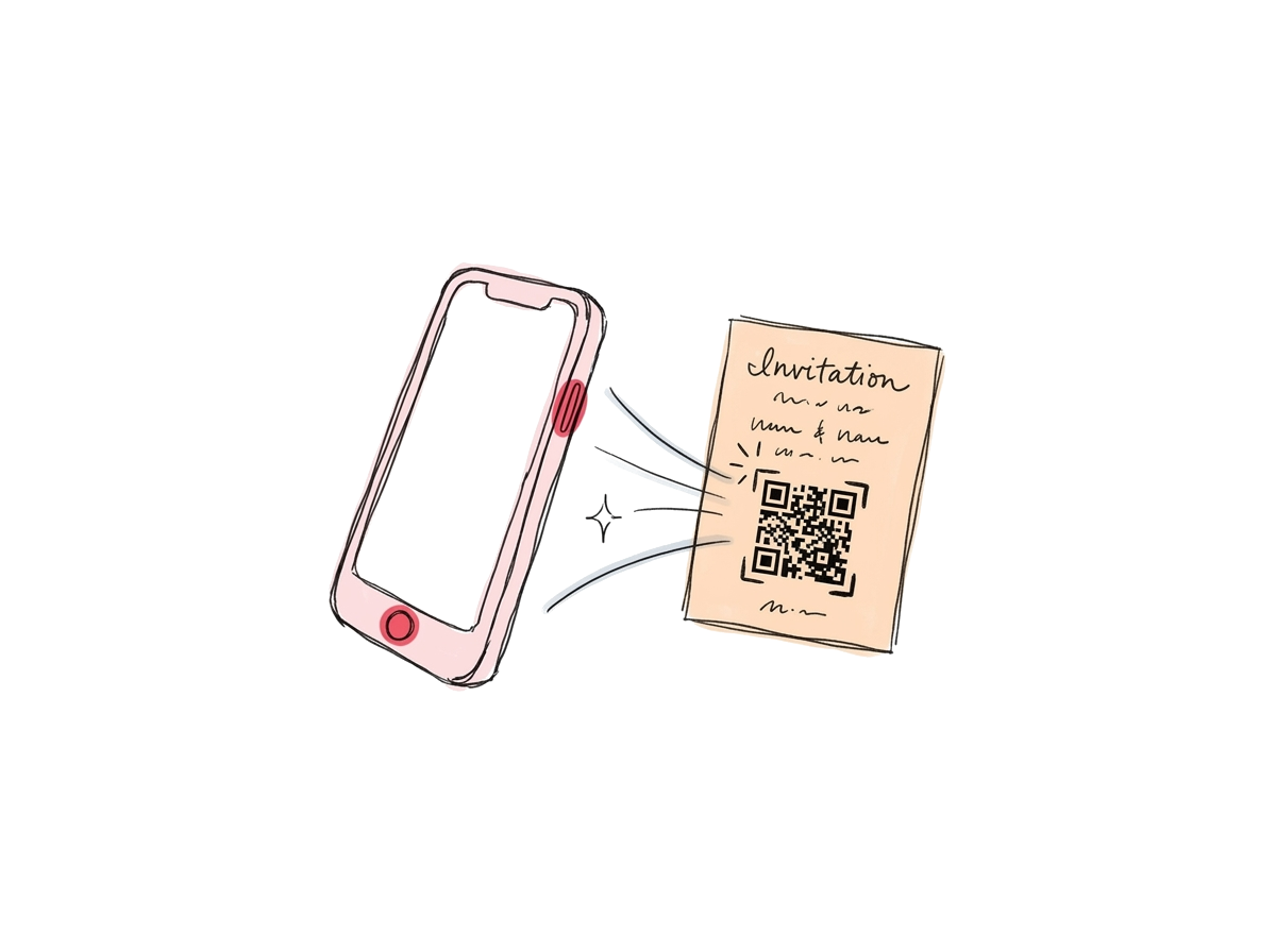 A phone scanning a QR code on a printed invite — the RSVP page opens instantly