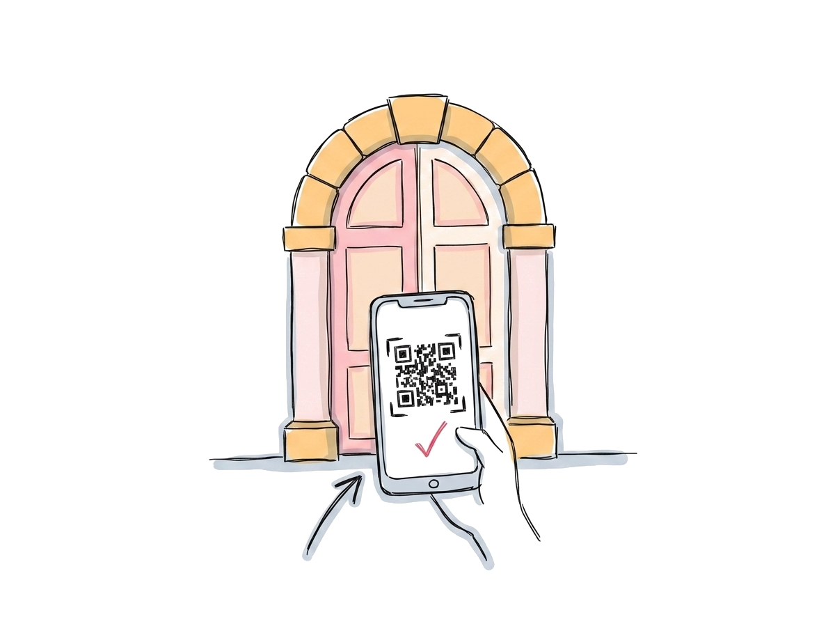 A doorway with a guest holding a phone — a tiny scan tick mark next to their invite