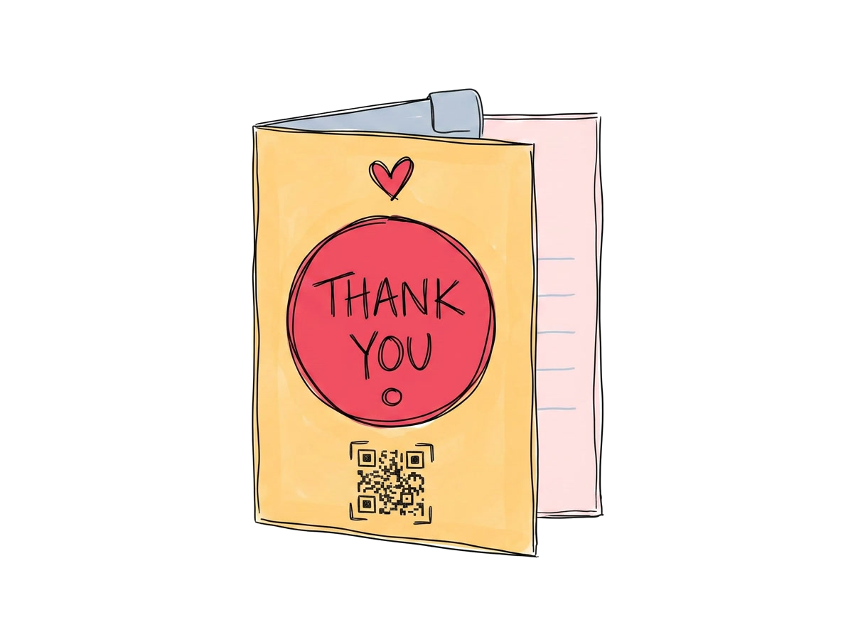 A thank-you card with the same event QR pointing at the post-event highlights page