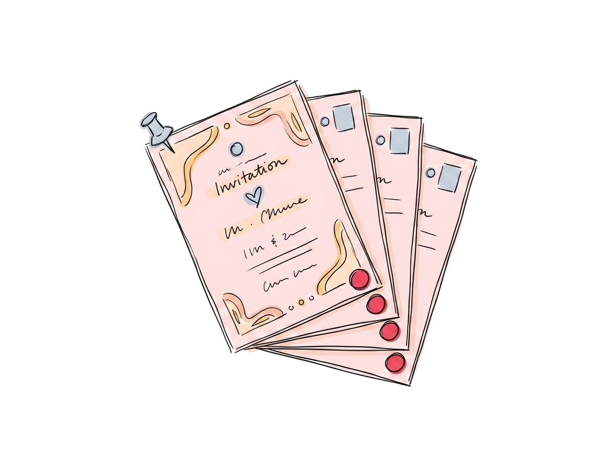 A neat stack of identical invitation templates — one workflow, many events
