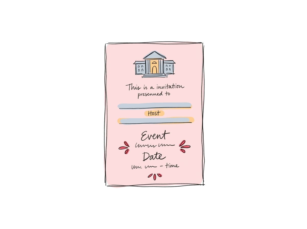 A pretty invitation card showing the venue's logo and the host's event details together