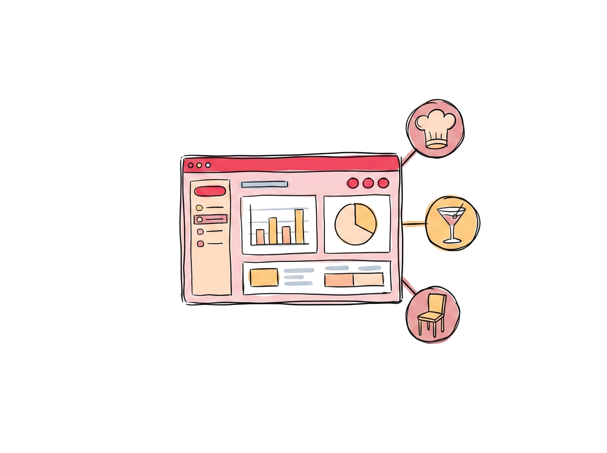 One dashboard, three team icons — kitchen, bar, and floor reading the same number