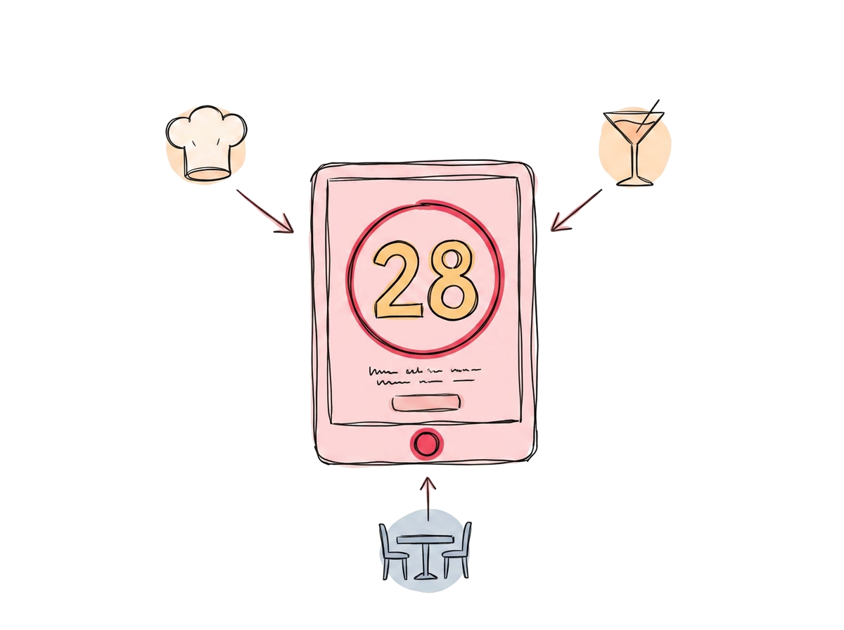 One number, three teams — kitchen, bar, and setup all reading the same dashboard